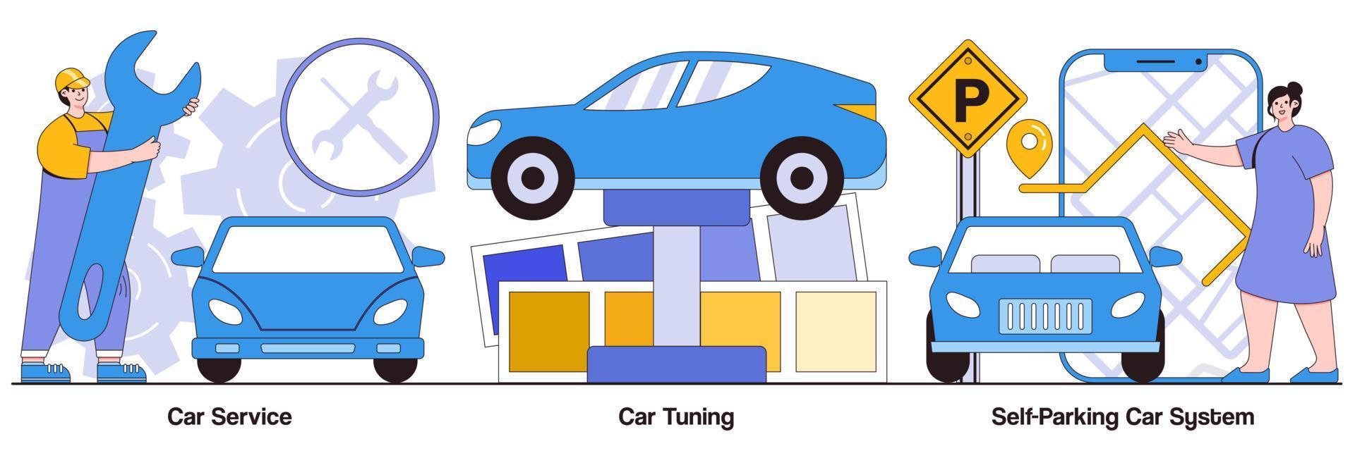 pacote ilustrado de serviço de carro, ajuste e sistema de estacionamento sem manobrista vetor