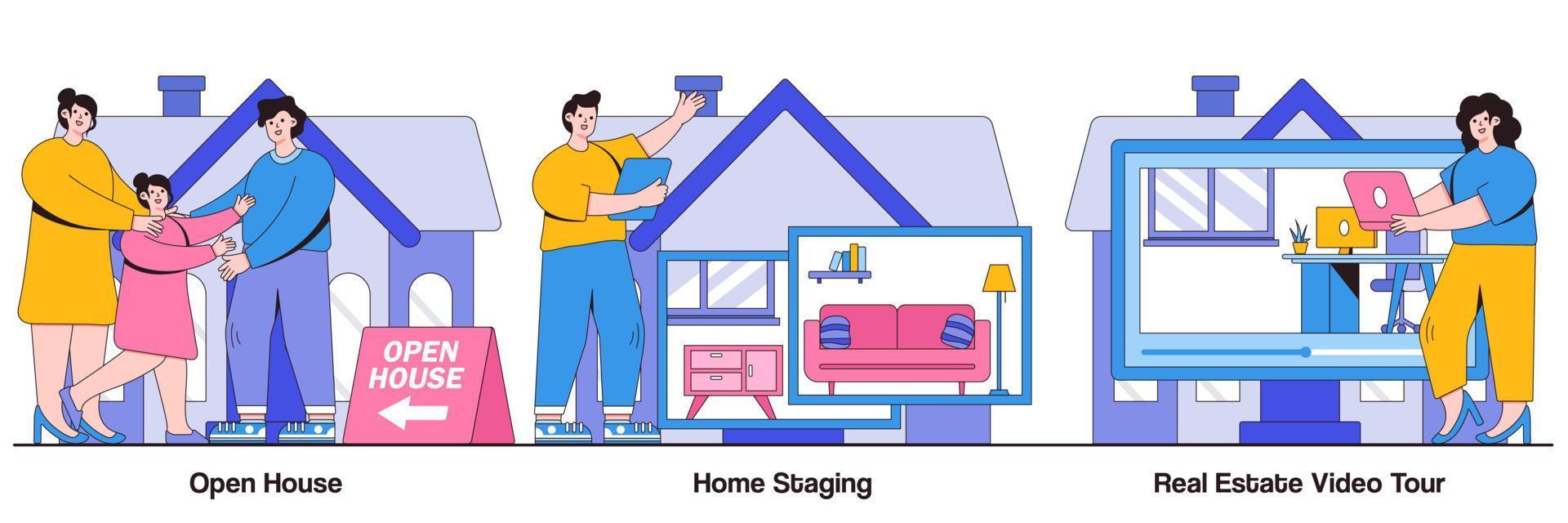 casa aberta, home staging, conceito de tour de vídeo imobiliário com caráter de pessoas. casa para venda conjunto de ilustração vetorial. planta baixa, passeio, residência particular, potencial comprador, metáfora de móveis vetor