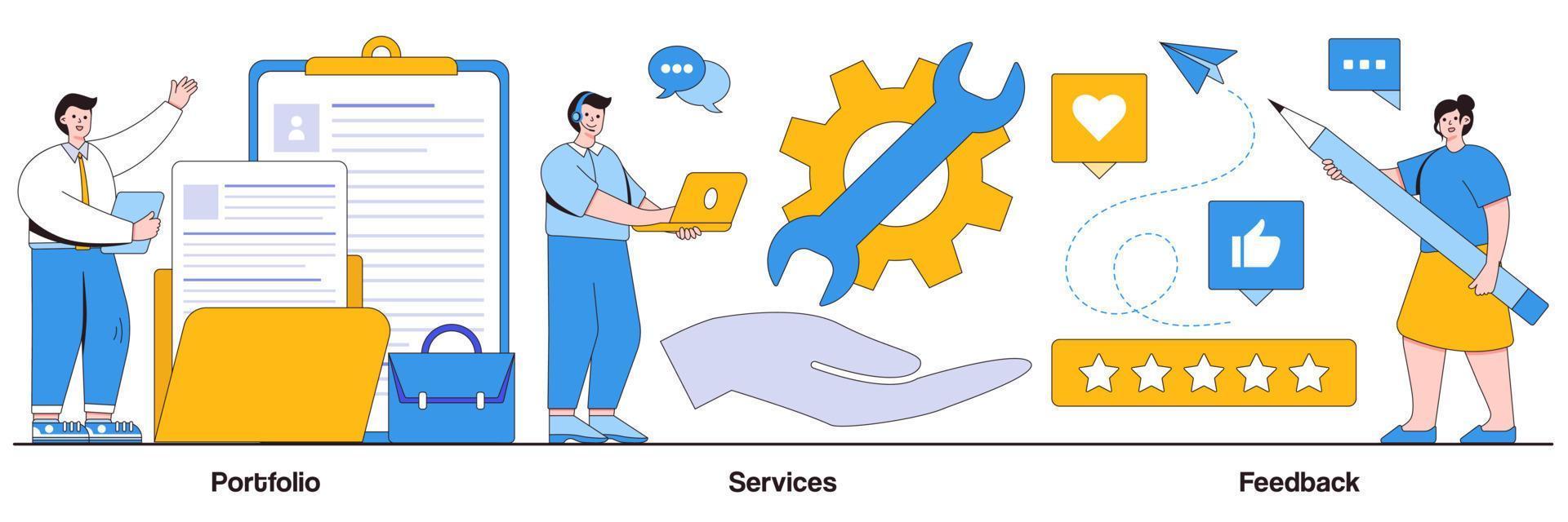portfólio, serviços e pacote ilustrado de feedback vetor