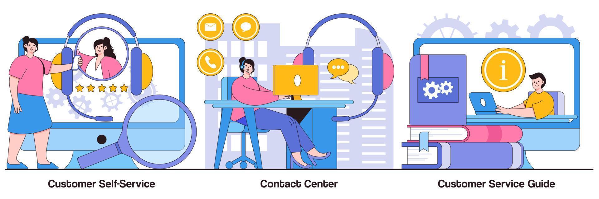 pacote ilustrado de autoatendimento ao cliente, centro de contato e guia de atendimento ao cliente vetor