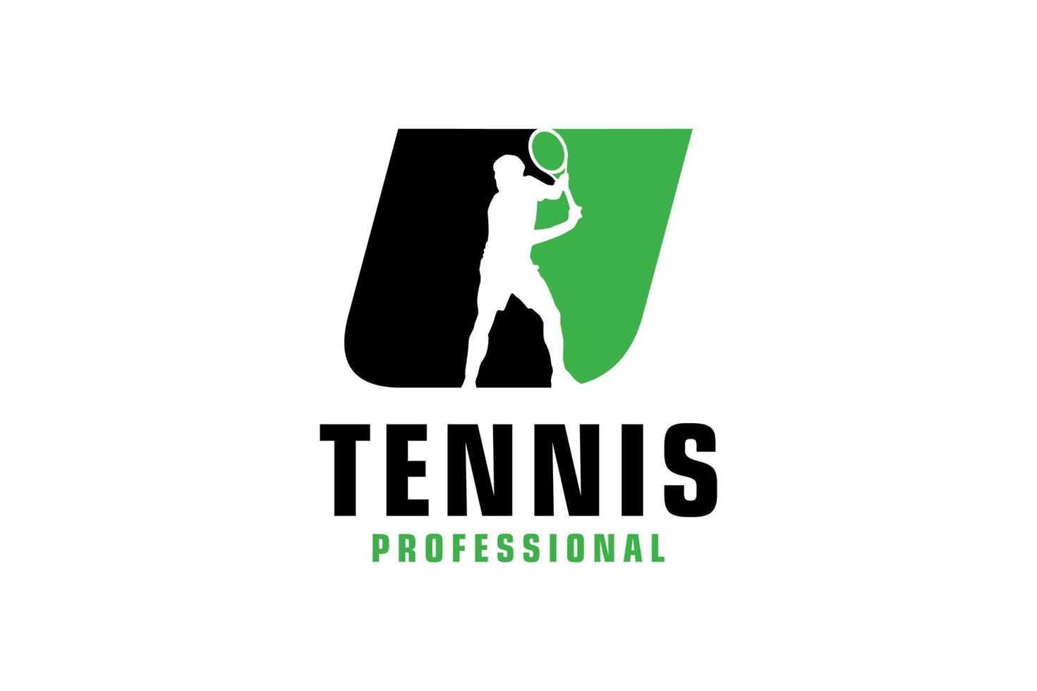 letra u com design de logotipo de silhueta de jogador de tênis. elementos de modelo de design vetorial para equipe esportiva ou identidade corporativa. vetor