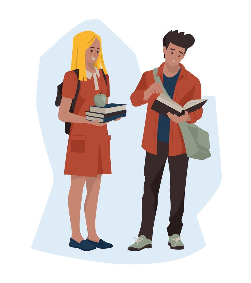 estudantes, escolares, adolescentes. menina e cara com livros e maleta. de volta à escola. imagem vetorial. vetor