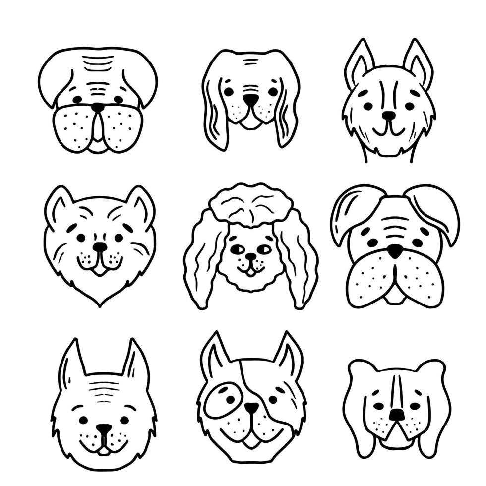 conjunto de linha de cães. coleção de avatar de cães engraçados. vetor animal legal no estilo doodle desenhado à mão para pôster, livro de colorir, impressão, tatuagem.