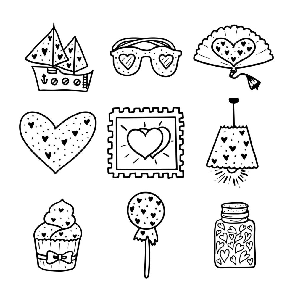conjunto de elementos de dia dos namorados, amor e casamento. ícones desenhados à mão em ilustração vetorial de estilo doodle. vetor
