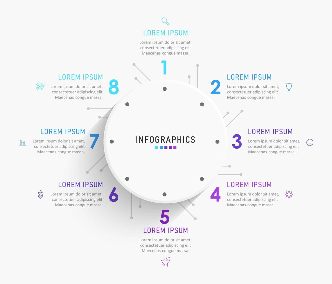 modelo de design de rótulo infográfico vetorial com ícones e 8 opções ou etapas. pode ser usado para diagrama de processo, apresentações, layout de fluxo de trabalho, banner, fluxograma, gráfico de informações. vetor