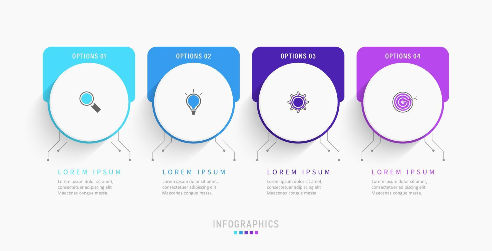 modelo de design de rótulo infográfico vetorial com ícones e 4 opções ou etapas. pode ser usado para diagrama de processo, apresentações, layout de fluxo de trabalho, banner, fluxograma, gráfico de informações. vetor