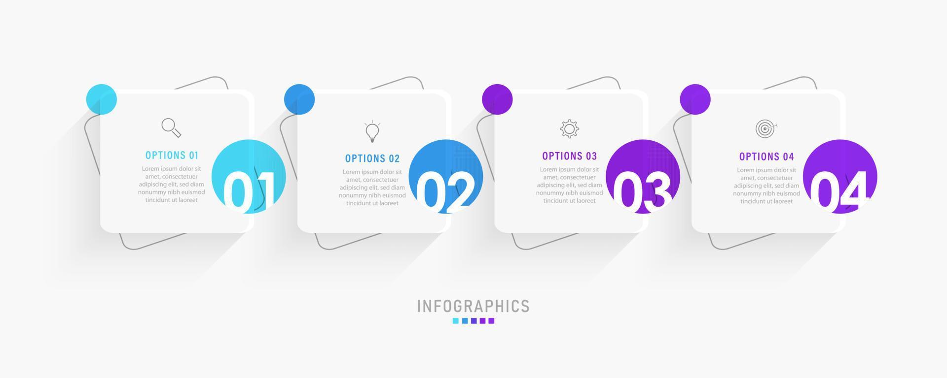 modelo de design de rótulo infográfico vetorial com ícones e 4 opções ou etapas. pode ser usado para diagrama de processo, apresentações, layout de fluxo de trabalho, banner, fluxograma, gráfico de informações. vetor