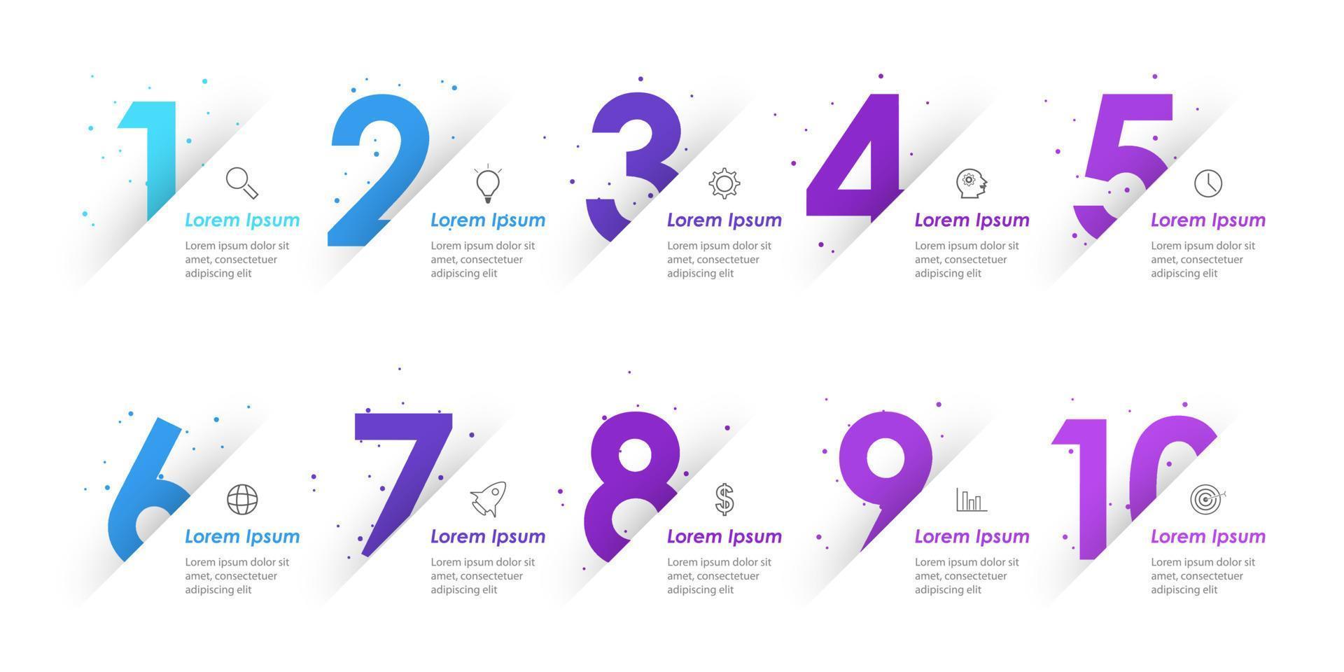 modelo de design de rótulo infográfico vetorial com ícones e 10 opções ou etapas. pode ser usado para diagrama de processo, apresentações, layout de fluxo de trabalho, banner, fluxograma, gráfico de informações. vetor