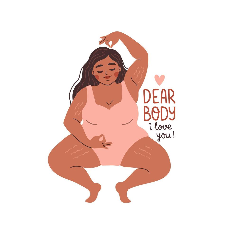 corpo positivo amo sua ilustração em vetor design plano de citação de corpo. linda mulher negra plus size. querido corpo, eu te amo