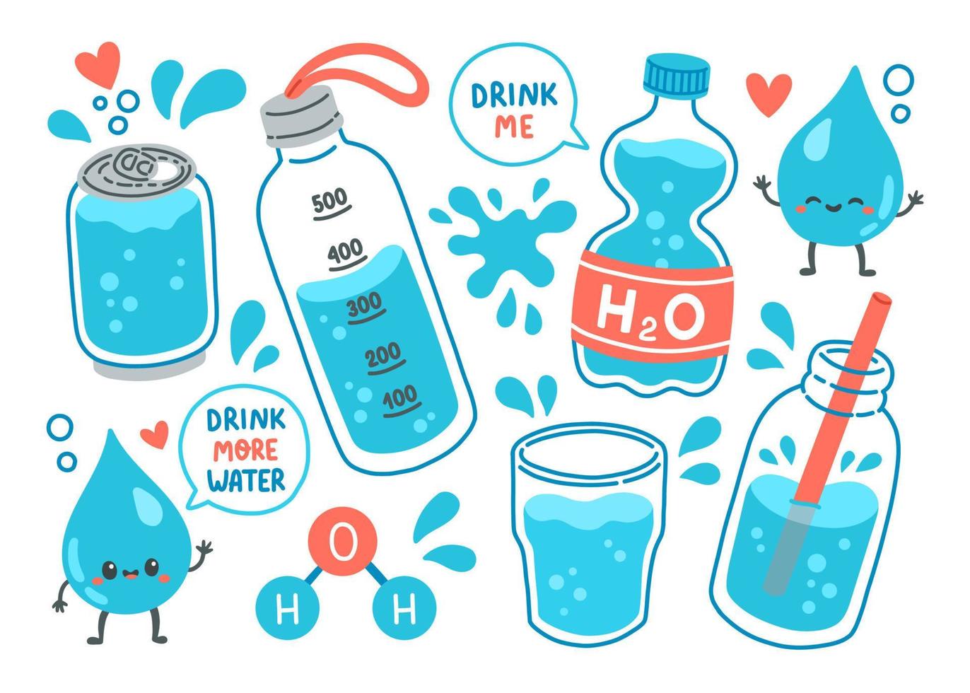 beba mais água definir ilustração vetorial de h2o. garrafas de água dos desenhos animados. esportes e garrafa de vidro e copos com líquidos. fique hidratado. jarra e copo com canudo com líquido. vetor