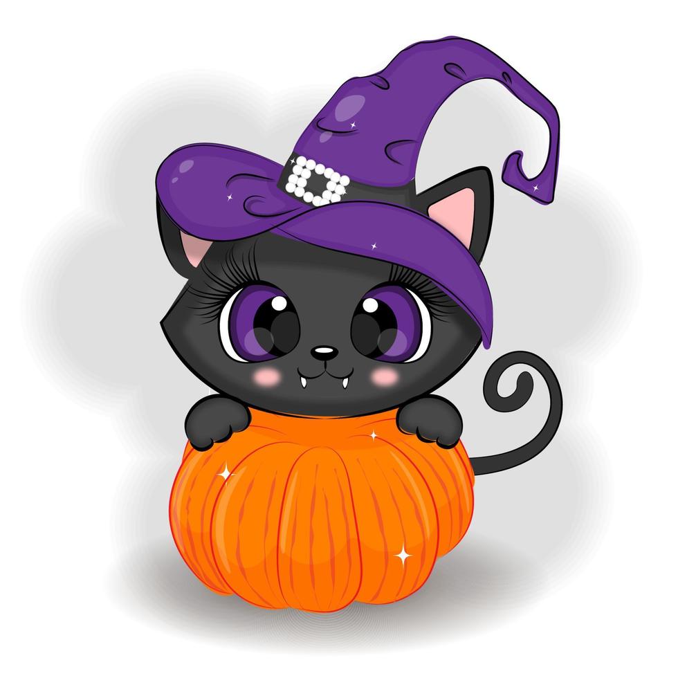 gato preto bonito de halloween com uma abóbora, impressão de ilustração vetorial vetor