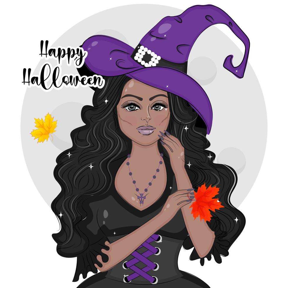 feriado de halloween linda bruxa morena de chapéu contra a lua, impressão de ilustração vetorial de moda vetor