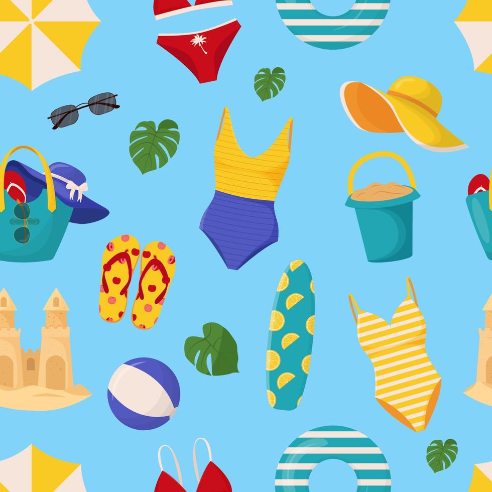 conjunto de prancha de surf de elementos de verão bonito, coquetel, bolsa, chapéu, palmeira, biquíni, chinelos, guarda-sol, bola, castelo de areia, bóia salva-vidas. padrão perfeito de verão vetor