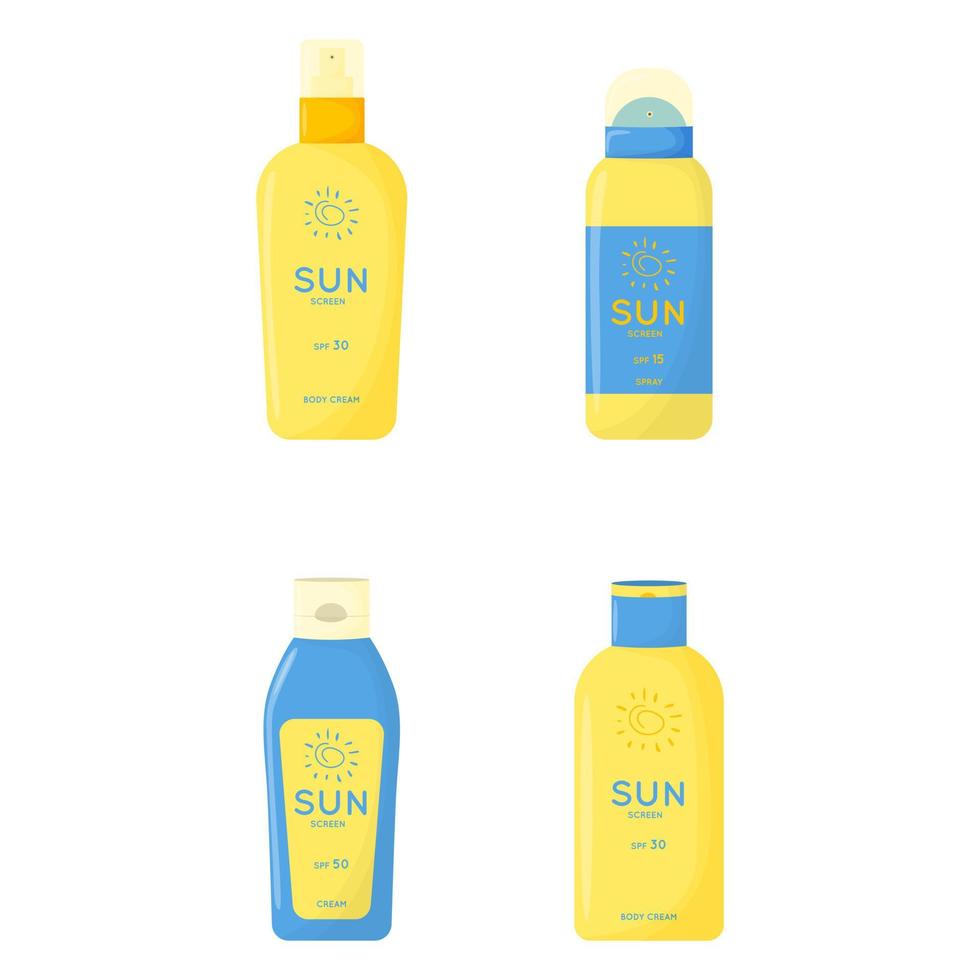 Produtos de cuidados com a pele. segurança do sol, coleção de proteção uv. tubos e frascos de produtos de proteção solar com creme spf, batom, spray. cosmético de verão. vetor