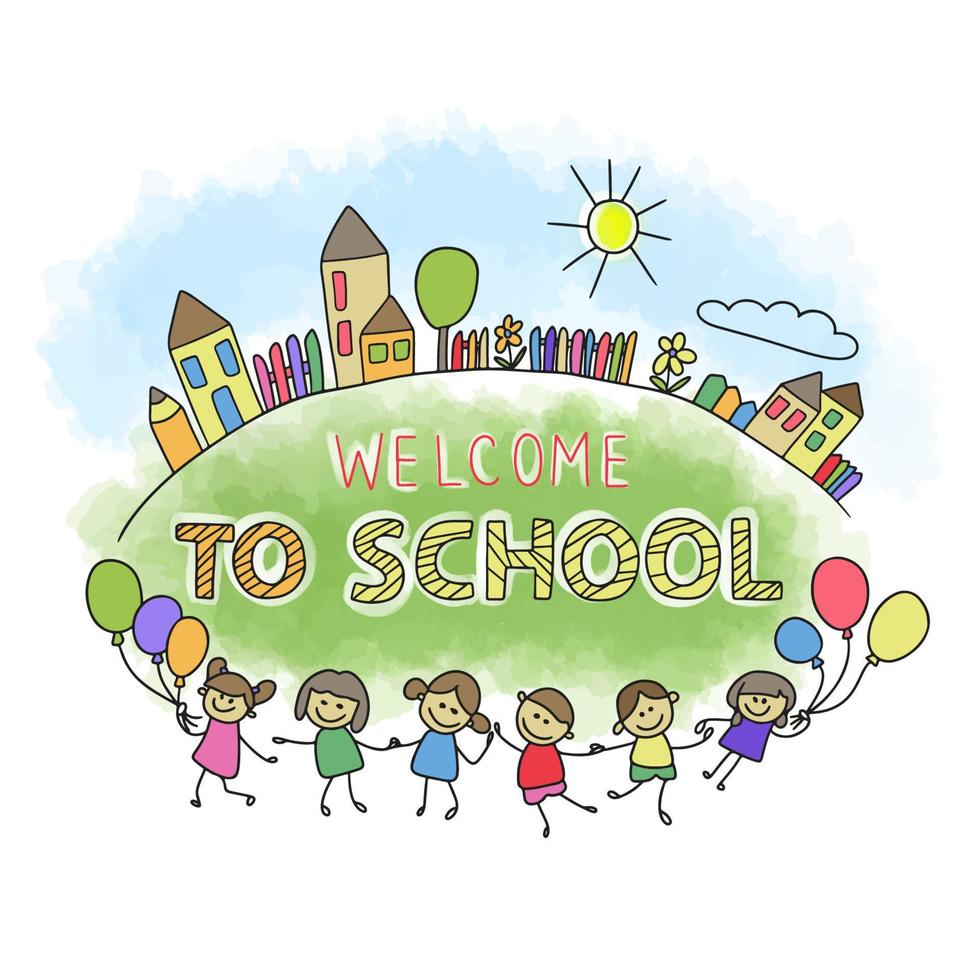 bem-vindo à escola, citações manuscritas, crianças dos desenhos animados alegres com balões, cidade fofa vetor