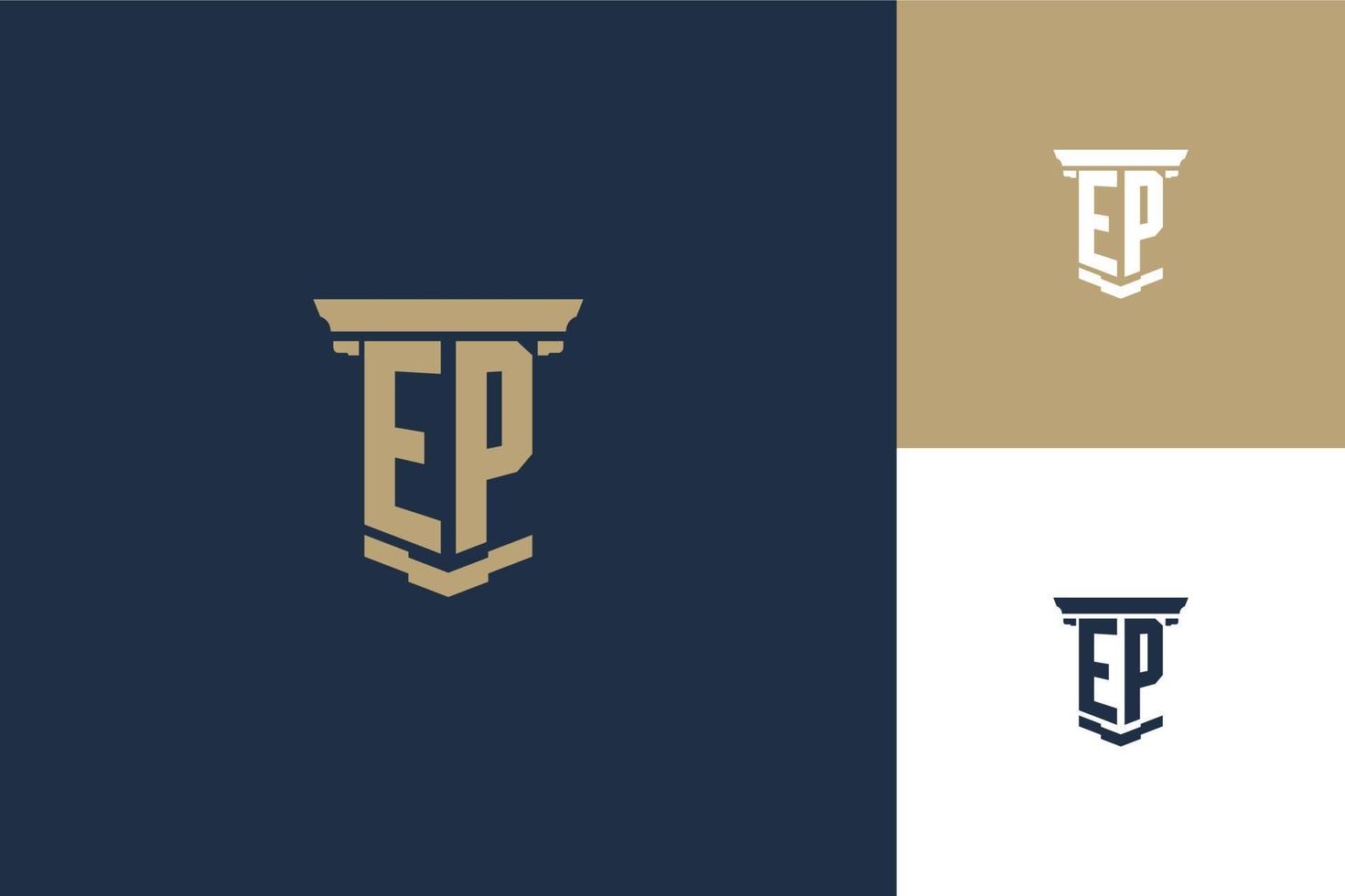design de logotipo de iniciais de monograma ep com ícone de pilar. design de logotipo de advogado vetor