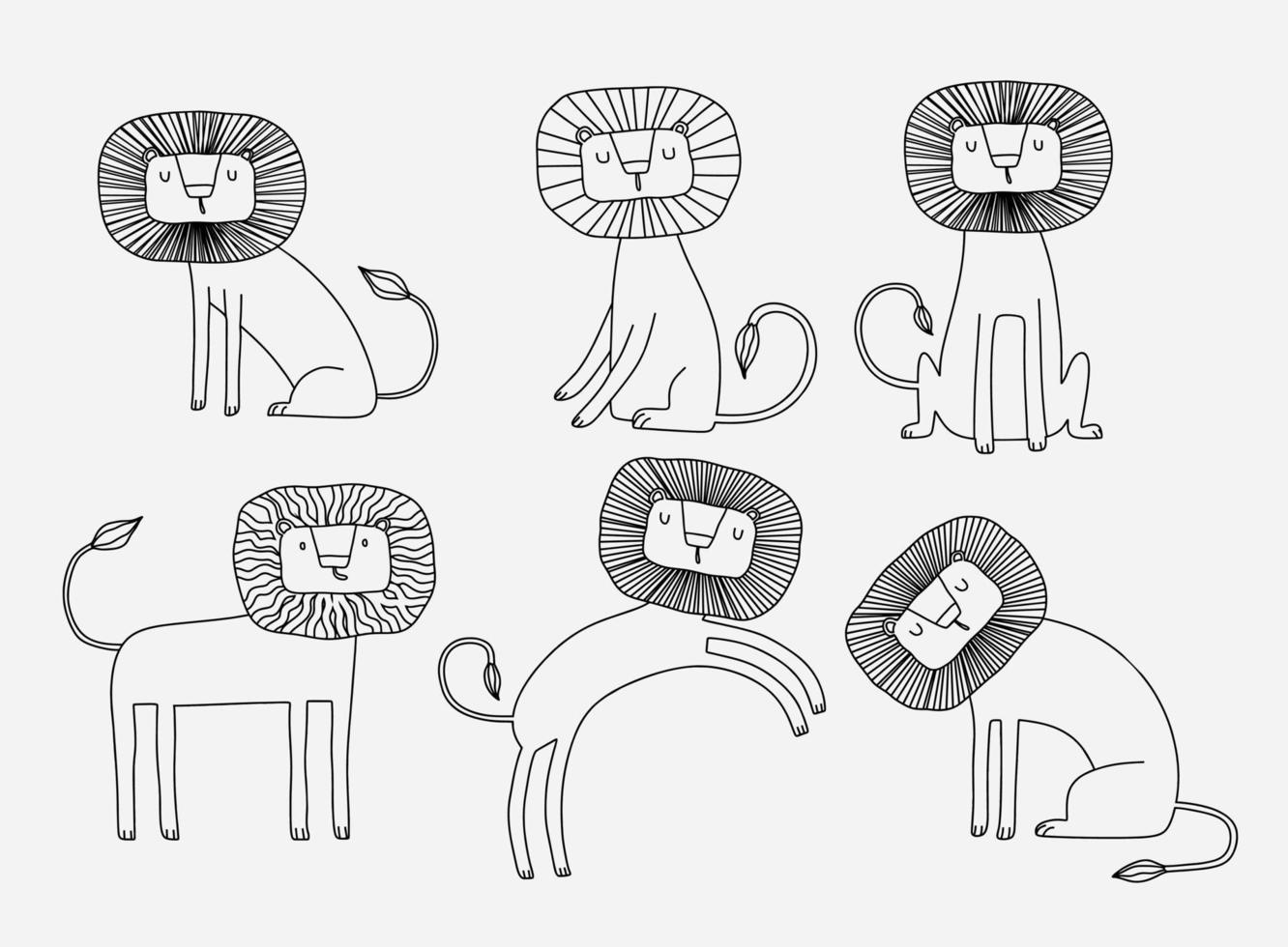 conjunto de doodle de leão bonito dos desenhos animados. vetor