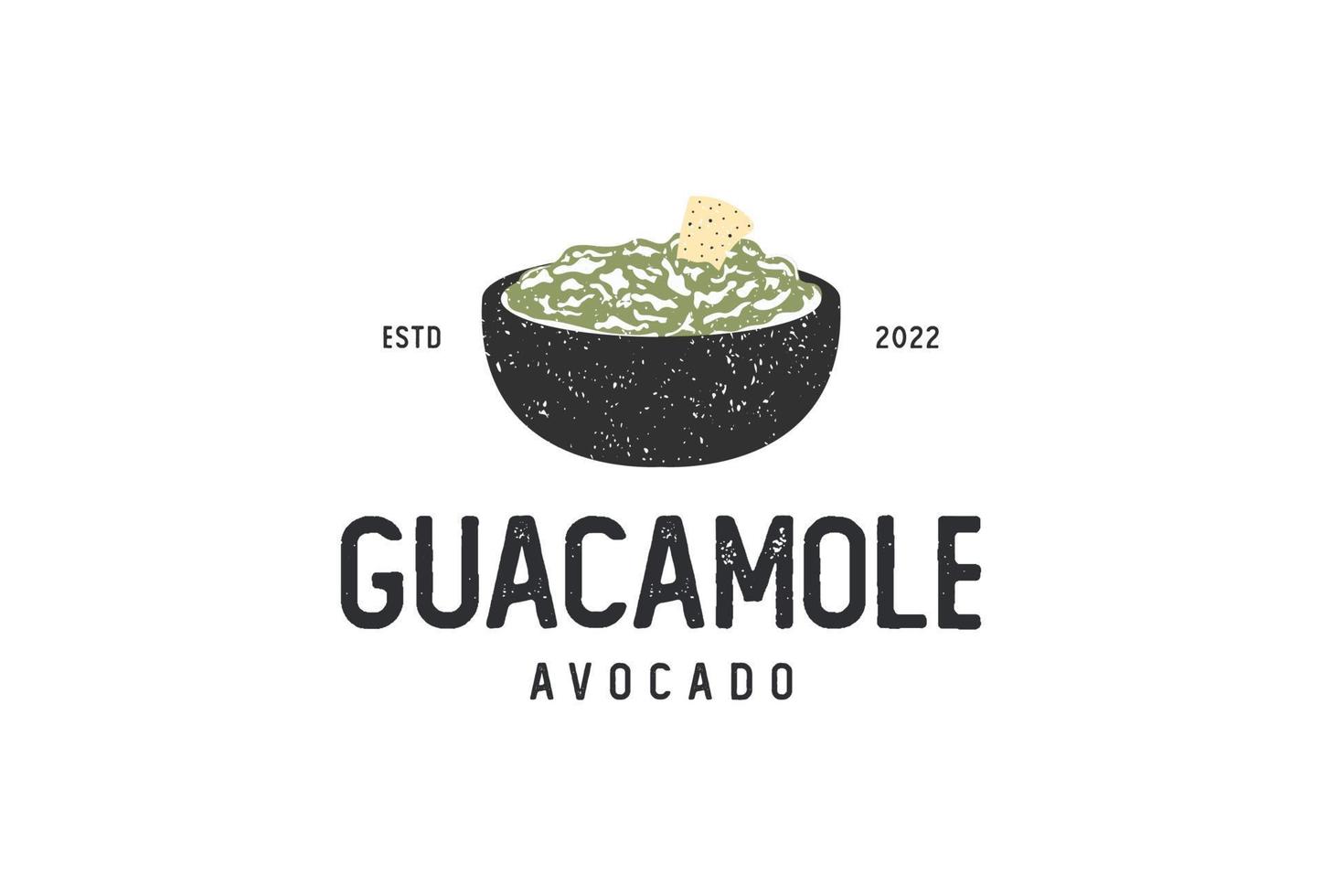 design de logotipo vintage guacamole. restaurante mexicano com design de ícone de tigela de abacate e nachos vetor