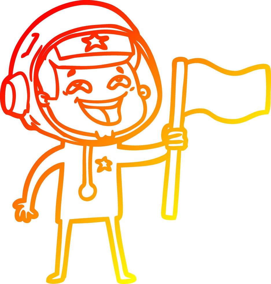 desenho de linha de gradiente quente desenho animado astronauta rindo acenando bandeira vetor