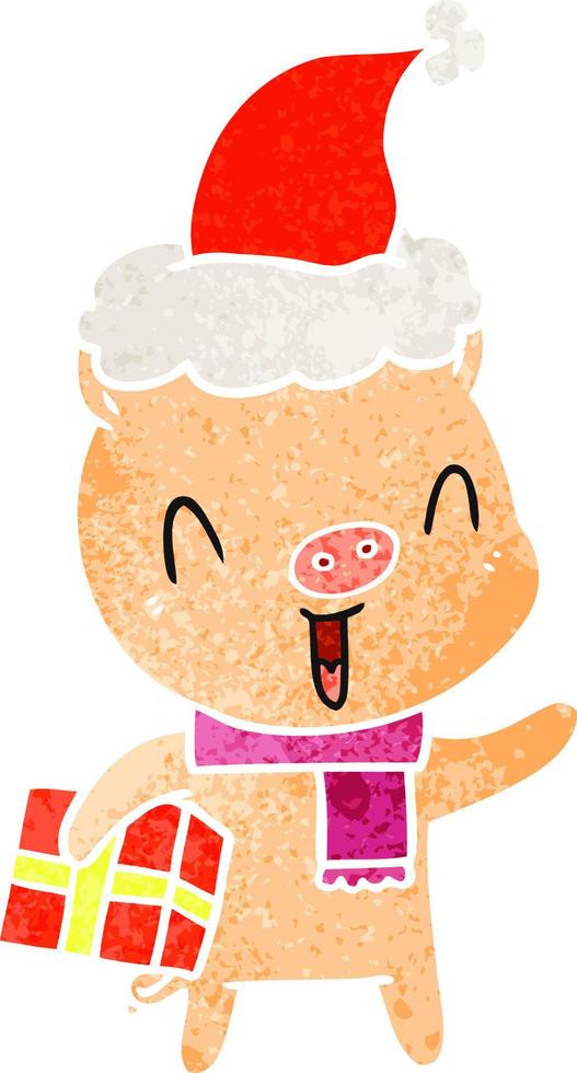 feliz desenho retrô de um porco com presente de natal usando chapéu de papai noel vetor