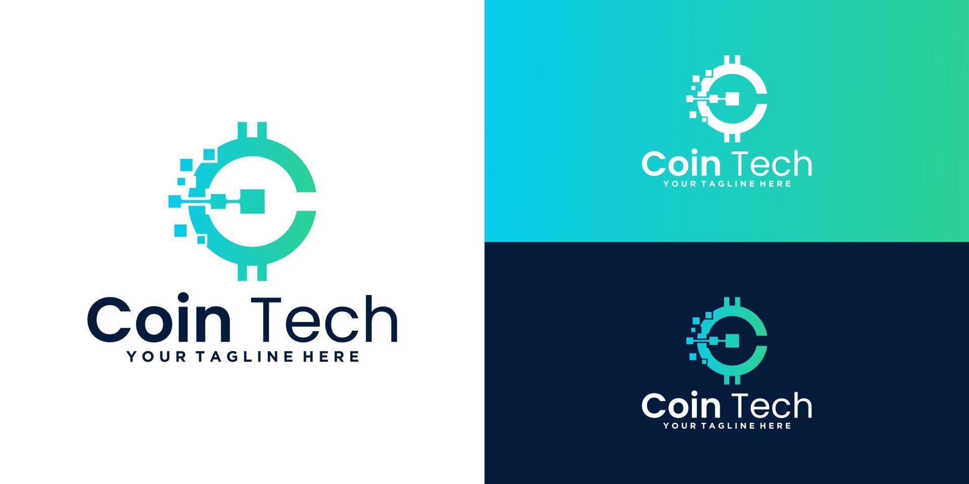 design de logotipo de moeda de tecnologia, design de logotipo digital bitcoin vetor