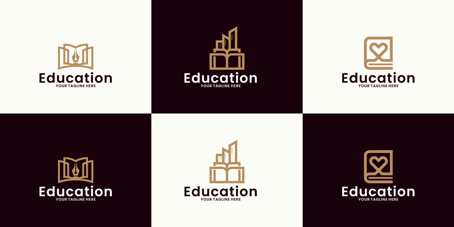 inspiração para logotipos de educação educacional, edifícios de coração, edifícios de livros e livros de lápis vetor