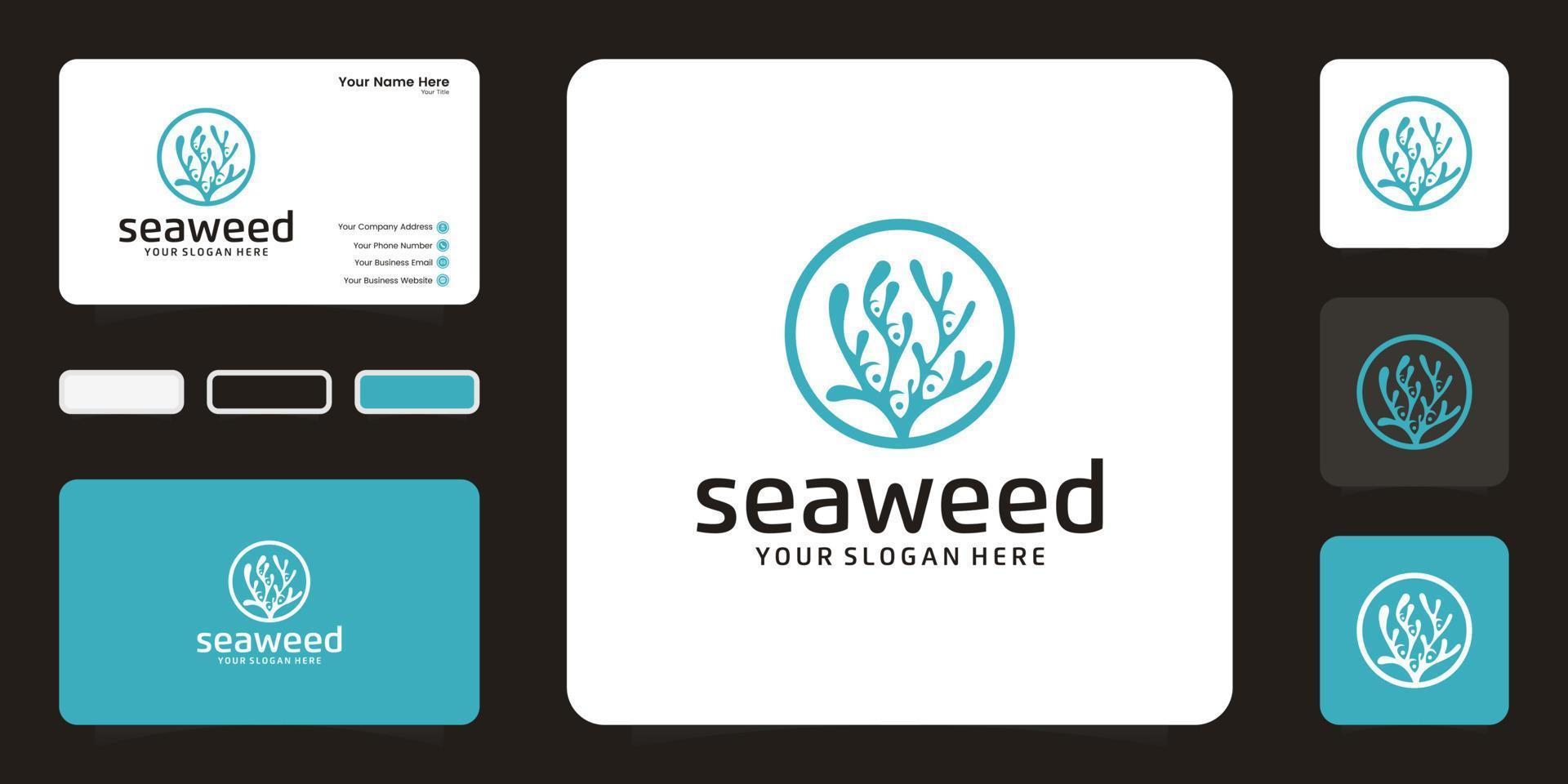 algas marinhas e design de logotipo de peixe de espaço negativo, ícone e cartão de visita vetor