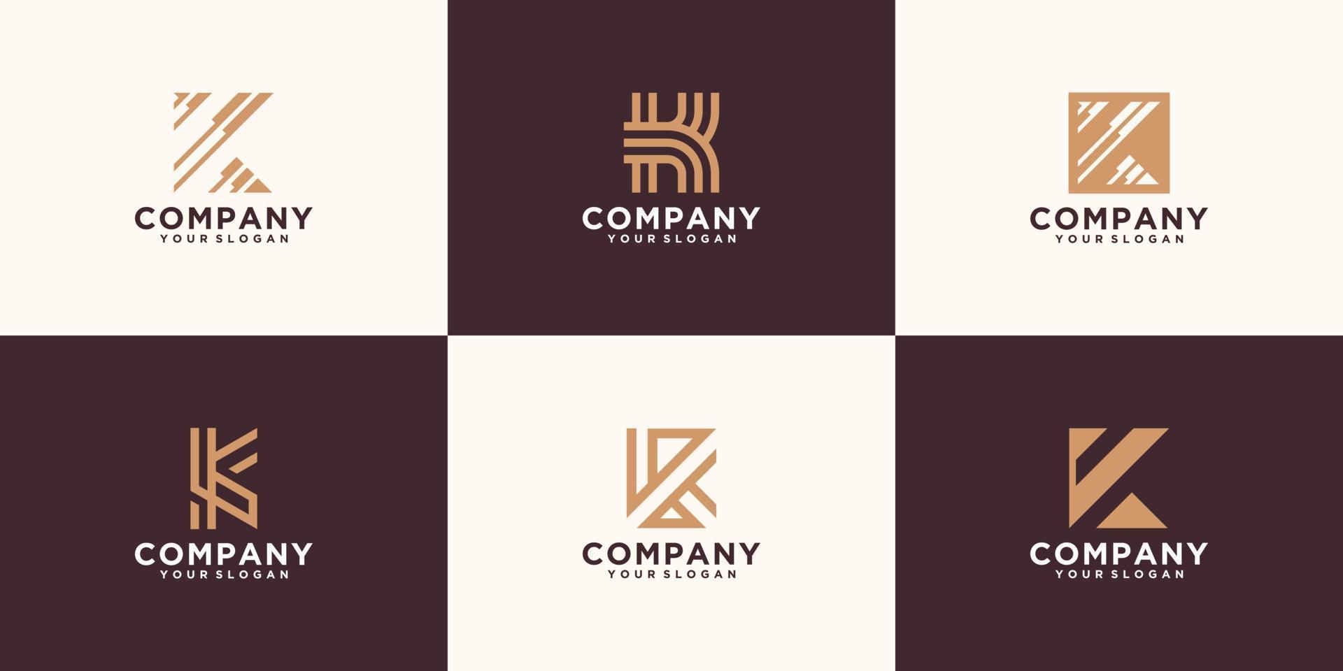 conjunto de modelos de design de logotipo de monograma de letra k criativos na cor dourada vetor