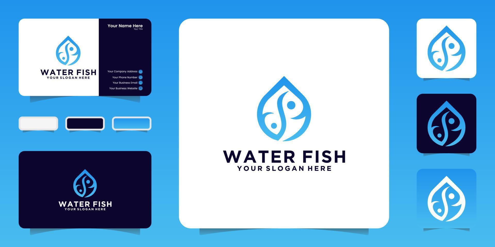 gota de água com logotipo de peixe de espaço negativo, ícone e design de cartão de visita vetor