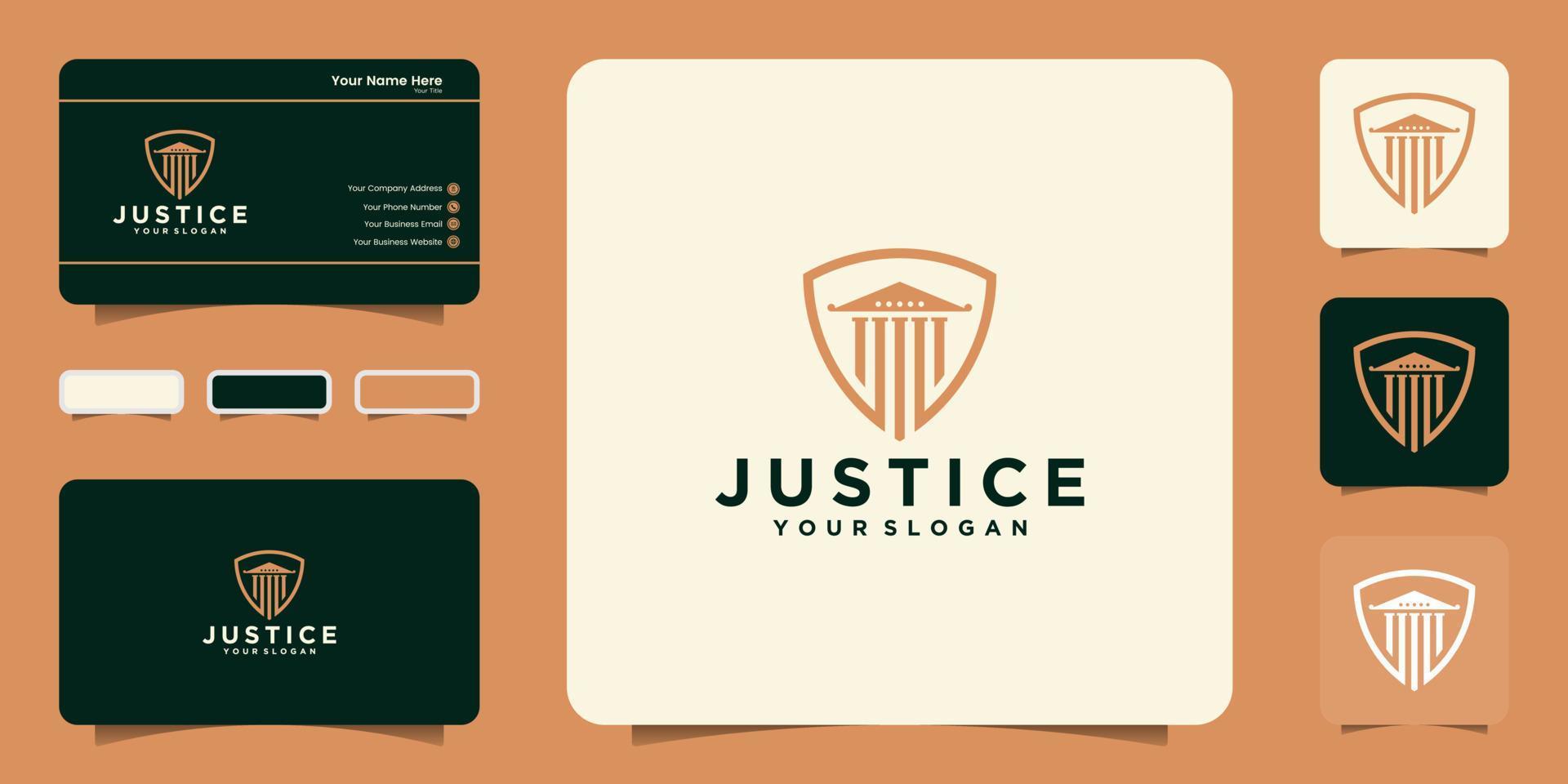 design de logotipo de escudo de justiça e cartão de visita vetor
