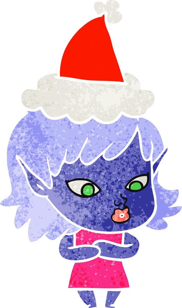 bonito desenho retrô de uma elfa usando chapéu de Papai Noel vetor