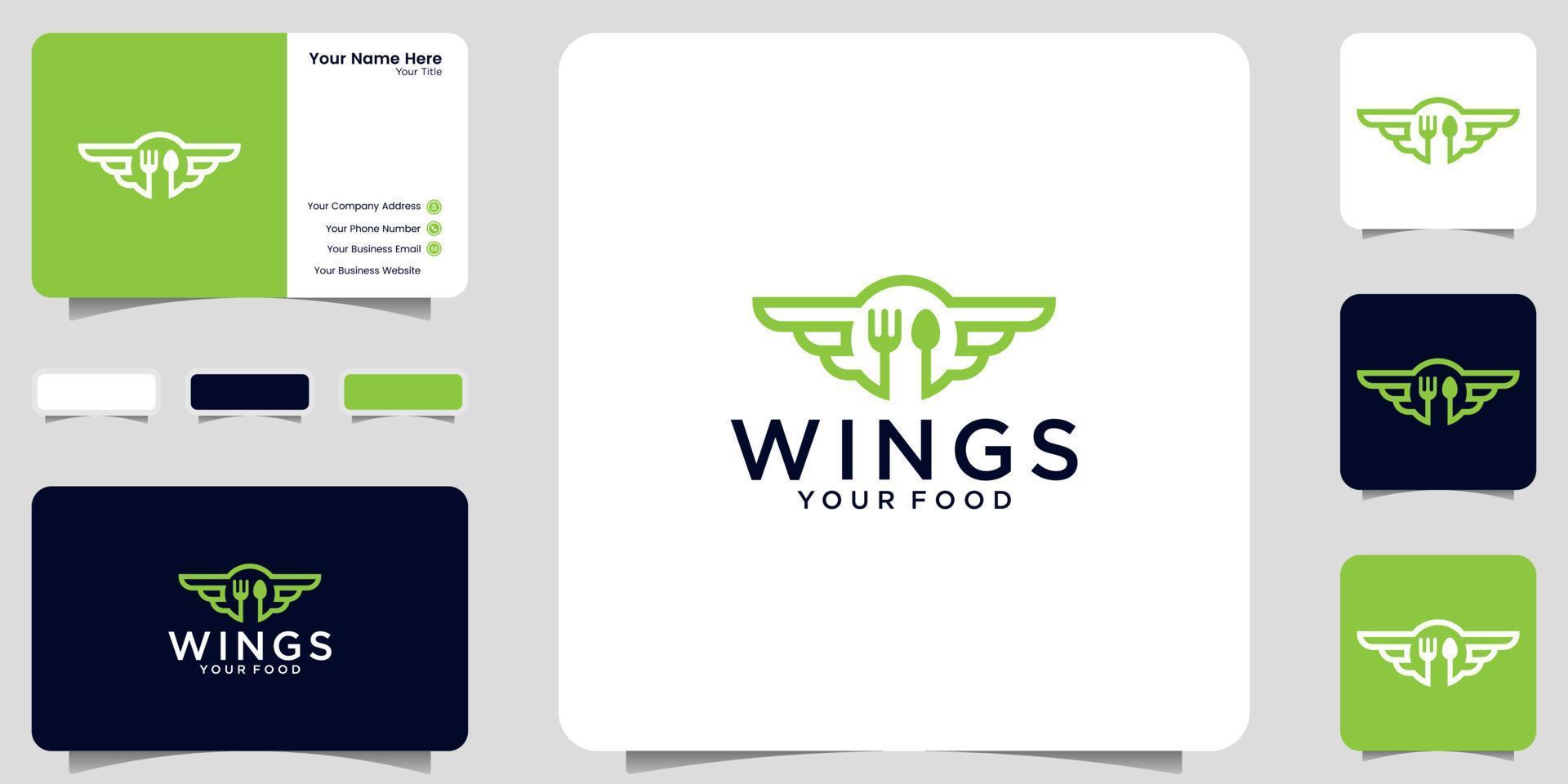 inspiração de design de logotipo de comida alada, ícone de entrega de restaurante e comida e design de cartão de visita vetor