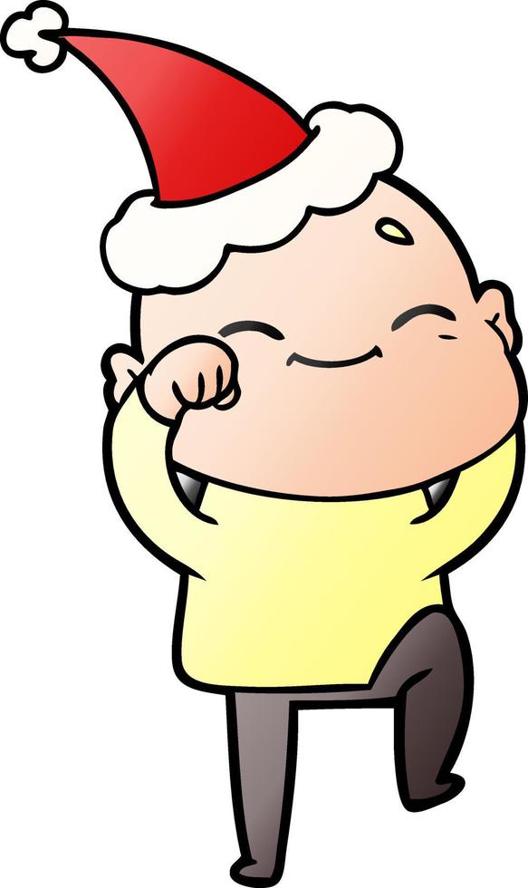 desenho animado gradiente feliz de um homem careca usando chapéu de papai noel vetor