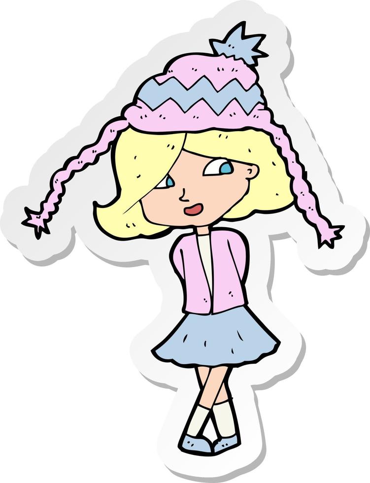 adesivo de uma garota feliz de desenho animado usando chapéu vetor