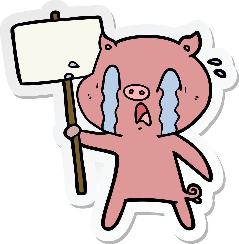 adesivo de um desenho animado de porco chorando com sinal de protesto vetor