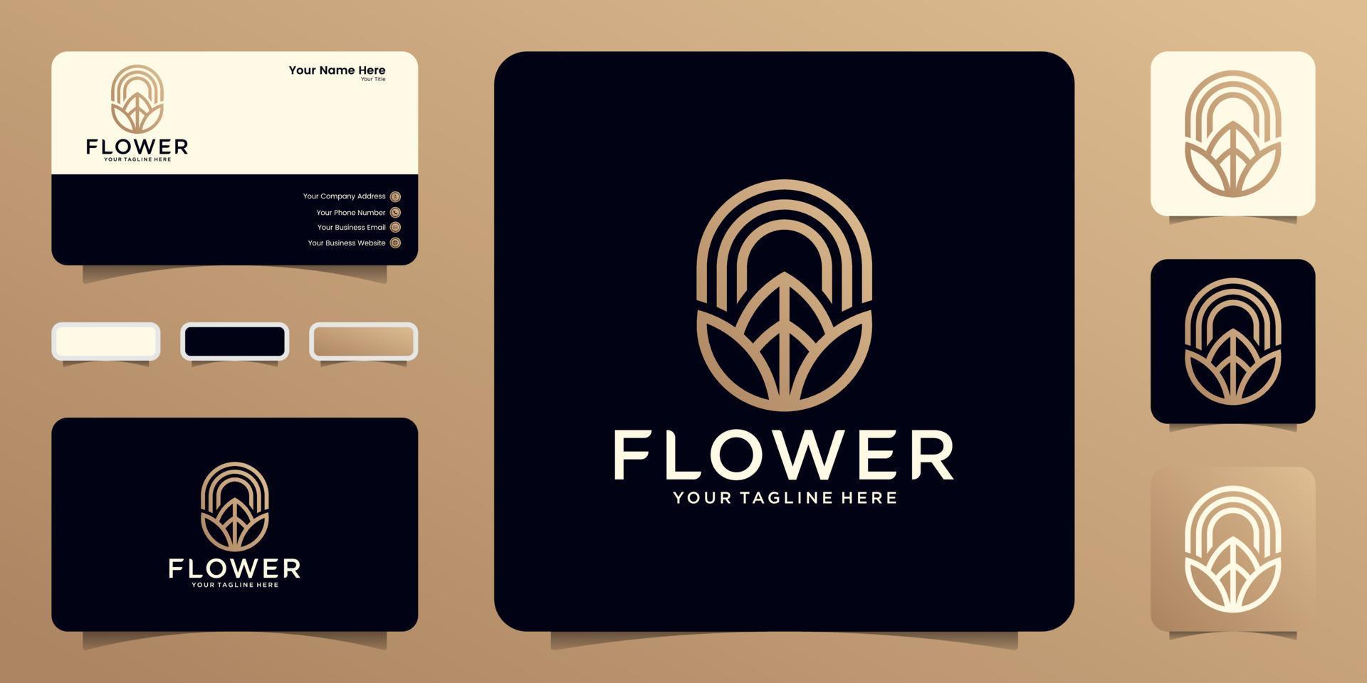 logotipo de flor de beleza com estilo de arte de linha e modelo de cor dourada e design de cartão de visita vetor