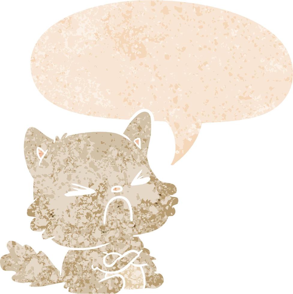 desenho animado gato bravo e bolha de fala em estilo retrô texturizado vetor