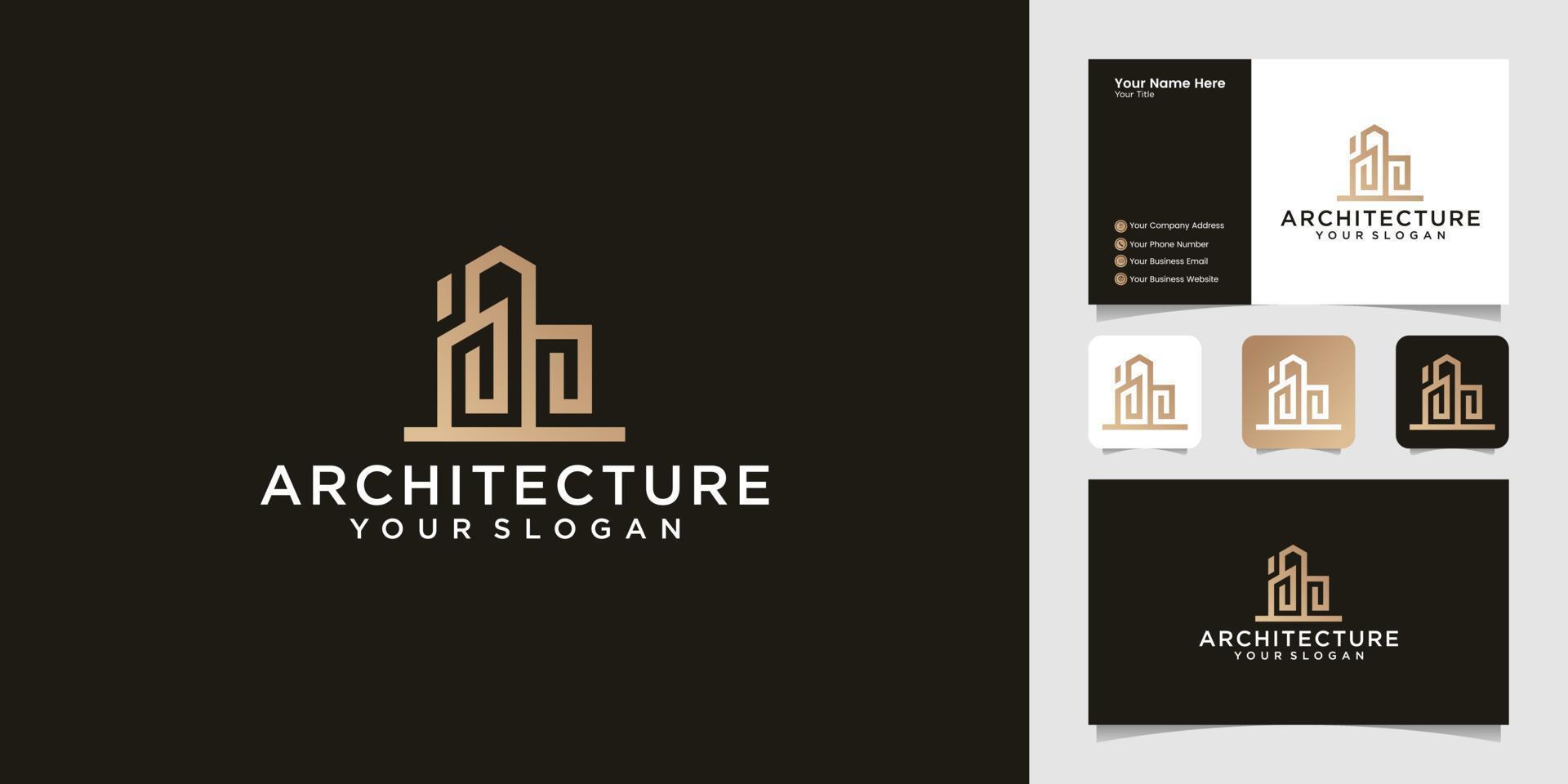 conjuntos de arquitetura de construção, modelo de design de logotipo imobiliário e cartão de visita vetor