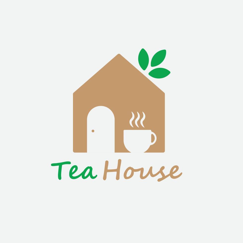 modelo de ícone de símbolo de logotipo de casa de chá e loja com folha verde e xícara de chá vetor