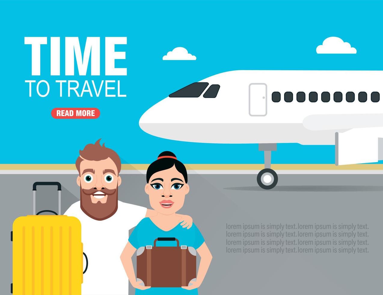 hora de viajar. jovem casal em viagens. banner plano de design de conceito de viagem com avião vetor