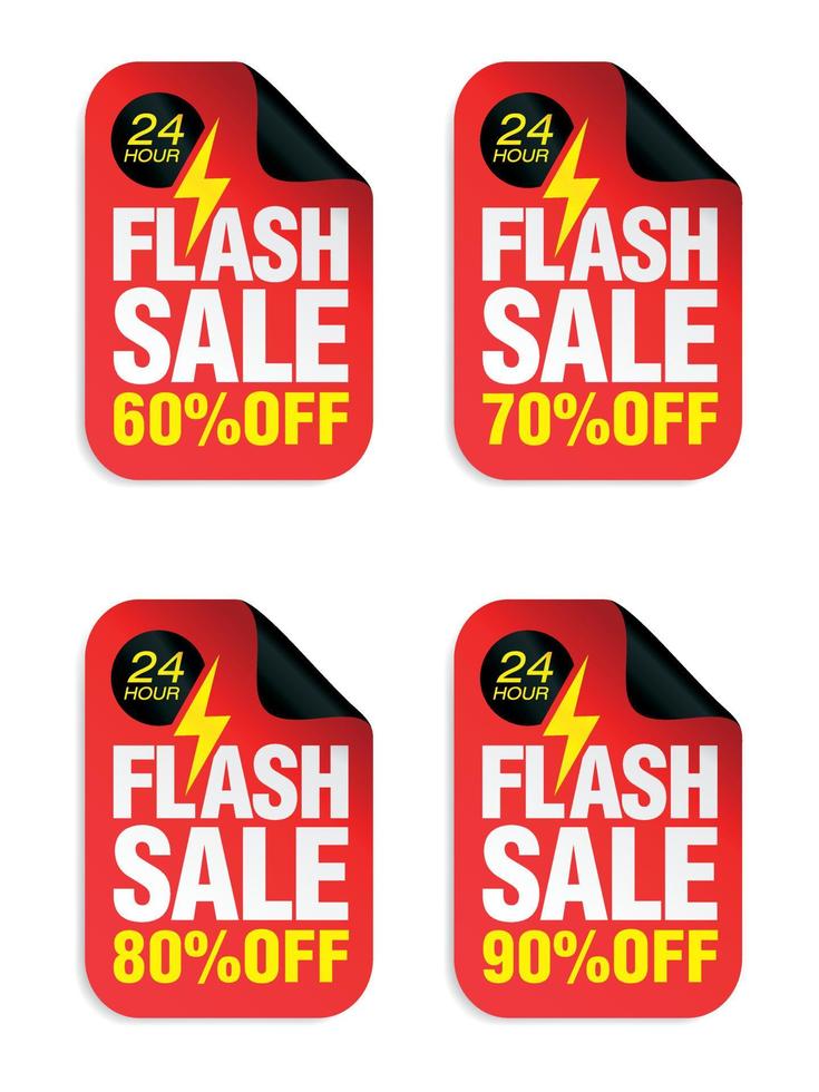 conjunto de adesivos vermelhos de venda flash. venda 60, 70, 80, 90 por cento de desconto vetor