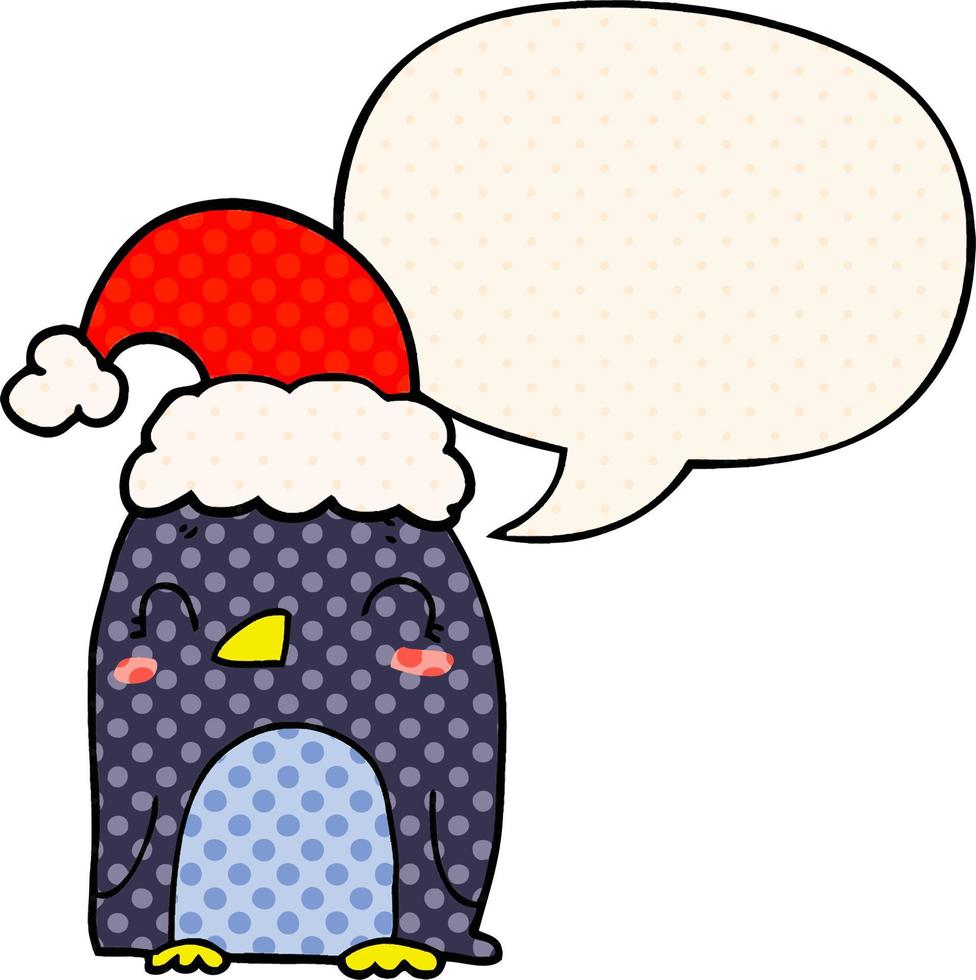 pinguim de natal fofo e bolha de fala no estilo de quadrinhos vetor