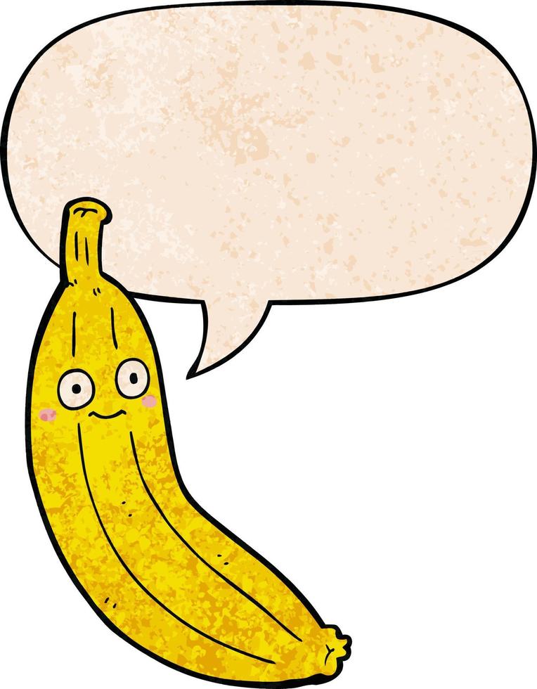 banana de desenho animado e bolha de fala no estilo de textura retrô vetor