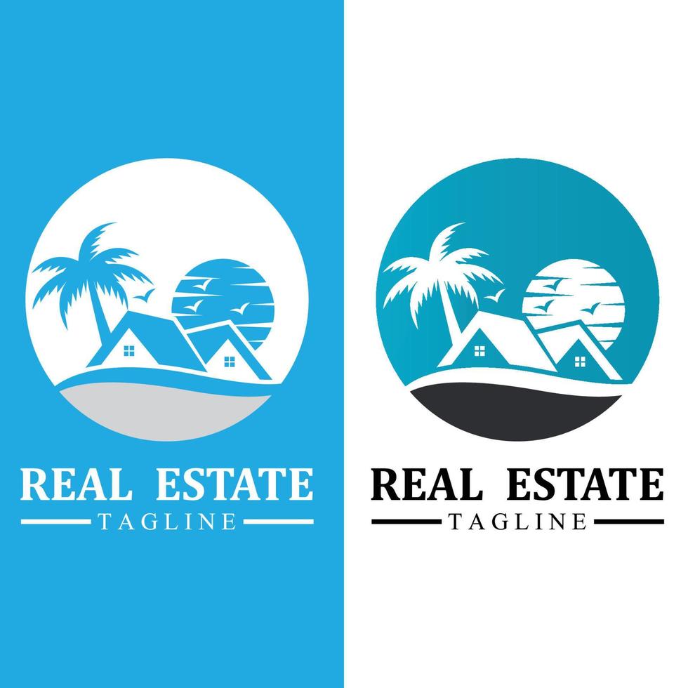 ícones de design de logotipo imobiliário com sol e pássaros grátis vetor