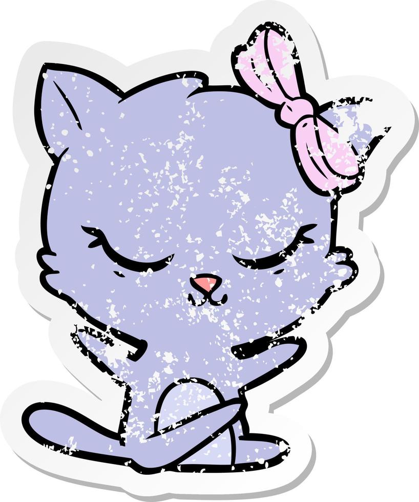 vinheta angustiada de um gato bonito de desenho animado com laço vetor