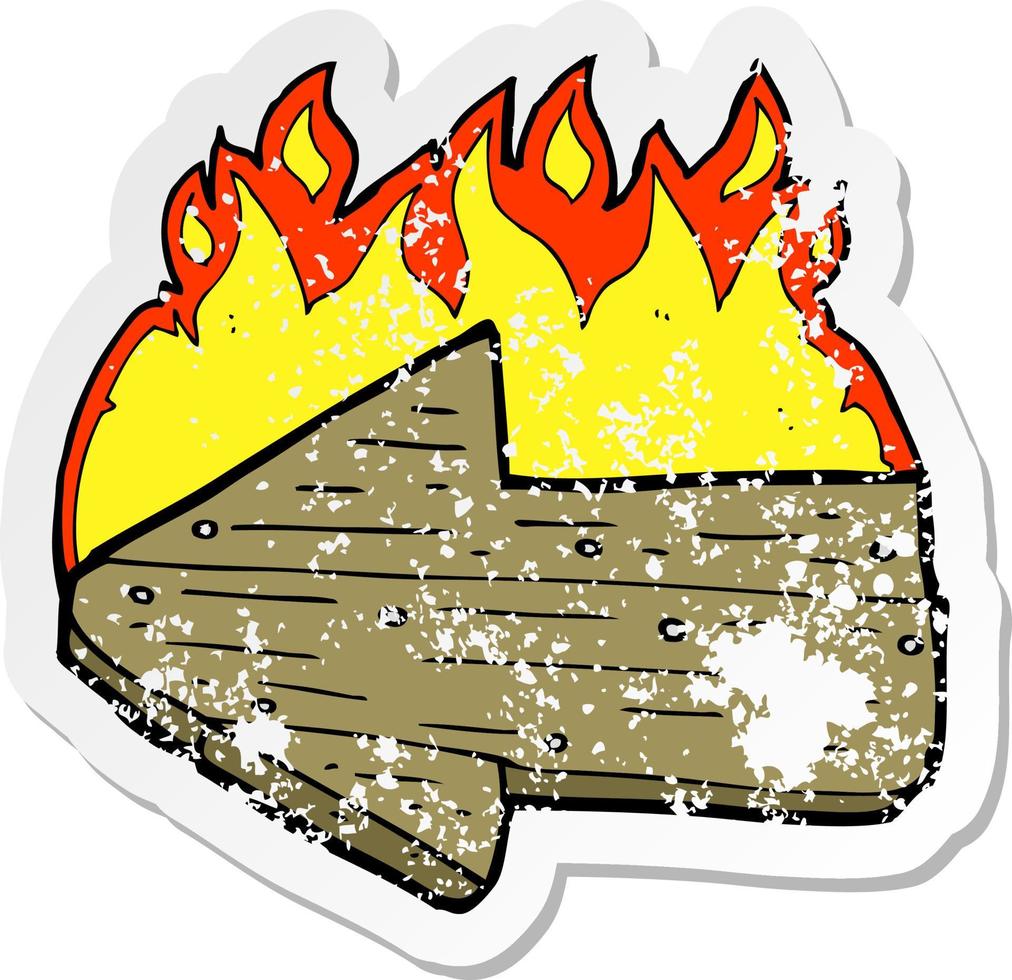 adesivo retrô angustiado de uma seta de direção de queima de desenho animado vetor