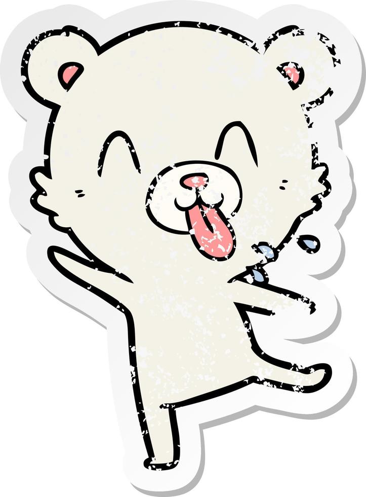 adesivo angustiado de um urso polar de desenho animado rude, saindo da língua vetor
