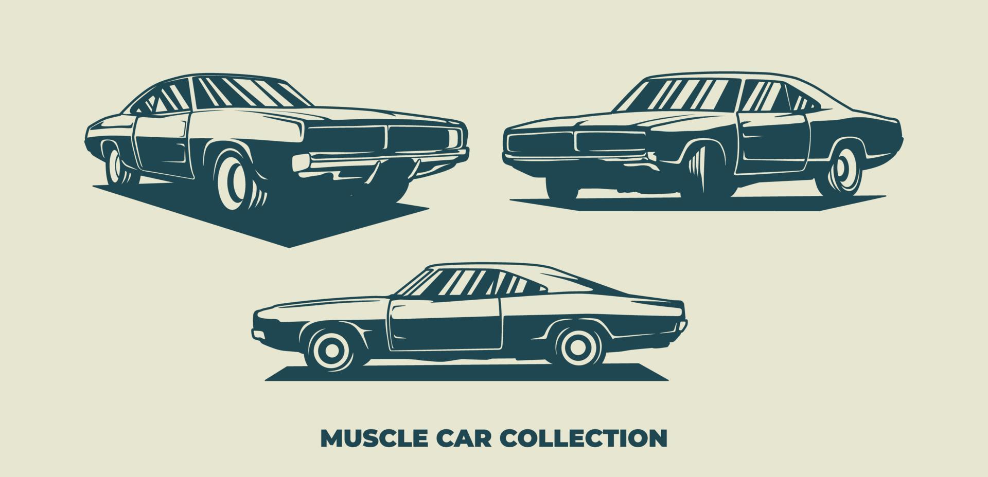 conjunto de estilo vintage desenhado à mão de músculo e distintivo de carros clássicos vetor