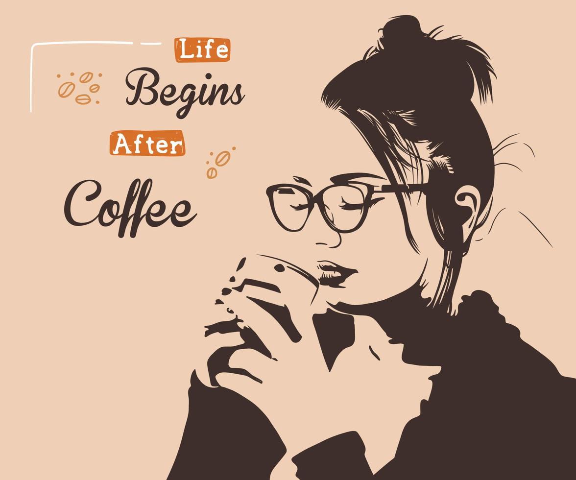 menina bonita de óculos, desfrutando de uma xícara de café vetor
