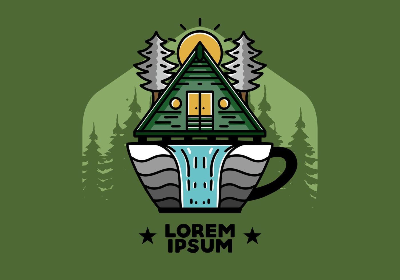 cabana de madeira e pinheiros em forma de xícara de café com ilustração de cachoeira vetor
